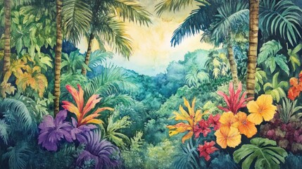 Lush Tropical Paradise: A Watercolor Painting of Vibrant Flora