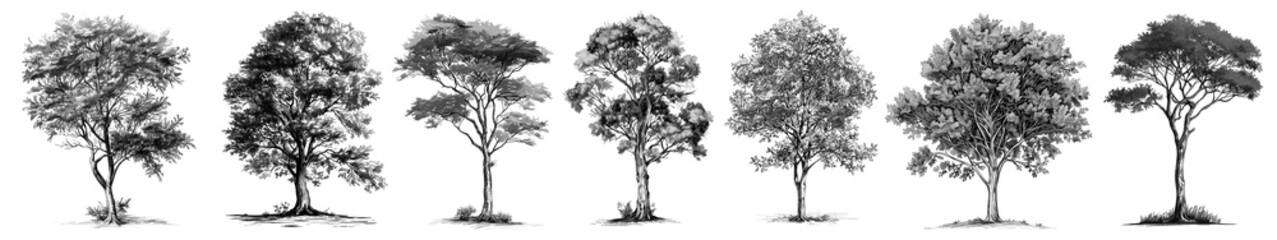 PNG Silhouettes of diverse trees on transparent background