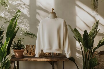 Cream-Colored Sweatshirt on Wooden Table with Lush Greenery, Stylish Minimalist Fashion Photography