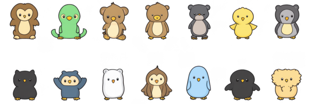 Cute cartoon animals in colorful sticker set featuring owls, penguins, and other adorable creatures. Perfect for adding charm to any project - Powered by Adobe