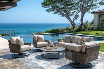 Outdoor patio furniture set with swivel chairs, armchair, sofa, and coffee table, with ocean view and beach vibes for outdoor relaxation.