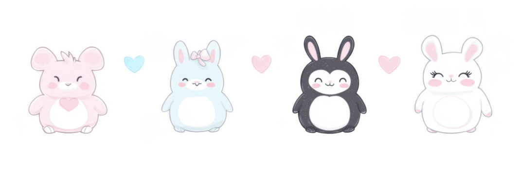Cute cartoon animals featuring pink mouse, blue bunny, black bunny, and white bunny, all with cheerful expressions and hearts. Perfect for children designs and playful themes