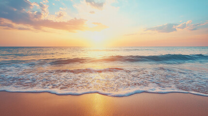 Beach sunset with waves and ocean view tranquil seascape golden skies natural beauty serene atmosphere relaxing summer evening coastal landscape scenic horizon vacation bliss