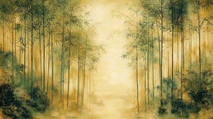 Obraz premium Serene Bamboo Forest: A Misty Path Through Golden Light
