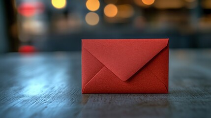 Close-up of a vibrant red envelope on a wooden table with a blurred background showcasing warm bokeh lights, perfect for conveying messages of love or celebration.