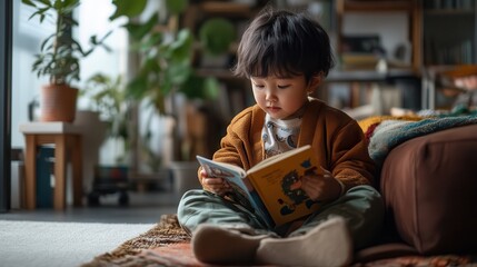 A child learning to read with their parent in a cozy living room