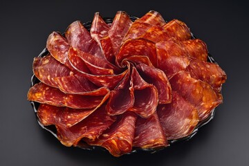 Spanish cured meat board featuring chorizo jam&oacute;n serrano lomo and fuet Viewed from above on a black backdrop