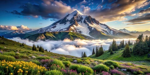 Obraz premium Majestic Mountain Peak at Sunrise, Overlooking a Valley Filled with Clouds and Wildflowers