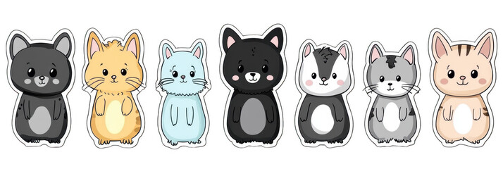 Cute cartoon animals in sticker set featuring various adorable cats. Each character has unique color and expression, perfect for adding charm to any project