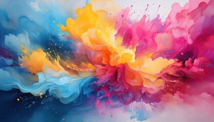 Fototapeta premium Vivid Watercolor Splash in Pink, Blue, and Yellow A Colorful Artistic Expression Showcasing Abstract Beauty and Emotion