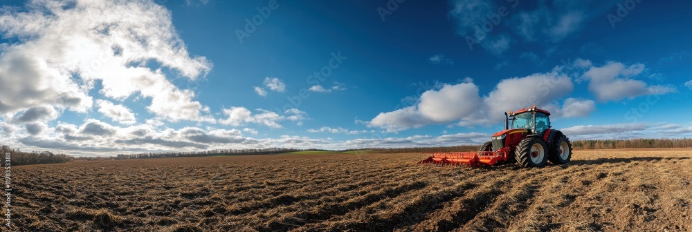 Poster red tractor working in a plowed field under a bright blue sky on a sunny day. generative ai