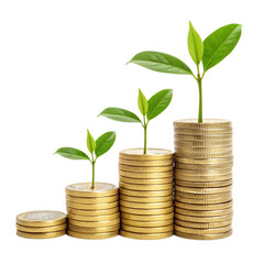 A coin pile with a plant symbolizing financial growth on a transparent background
