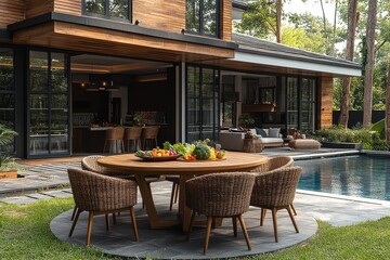 Fototapeta premium Round teak dining table with six chairs, fresh salad, and modern garden furniture by the pool on a summer day.