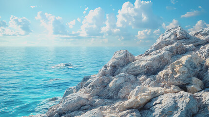 Rocky cliff surrounded by calm body of water with clear blue sky and lush greenery natures scenic beauty perfect for outdoor activities and relaxation in serene environment