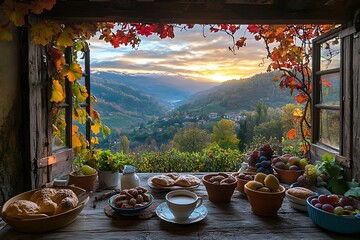 window with flowers, foods and 