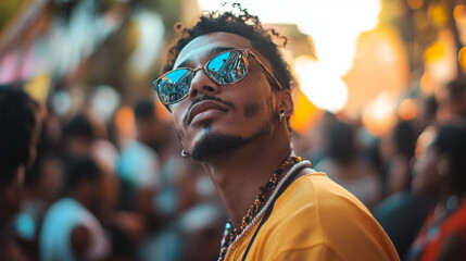 man wearing mirrored suglasses looking up