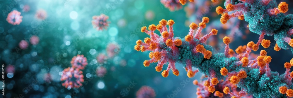 Leinwandbilder close up view of molecular rna chain surrounded by viruses under microscopic conditions. generative 