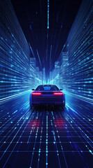 futuristic, can on a blue neon grid city highway