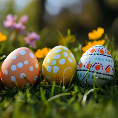 three easter eggs on the grass