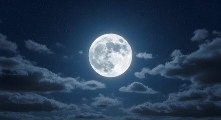 The full moon, set against a starry sky and drifting clouds, evokes a sense of romance during the night.