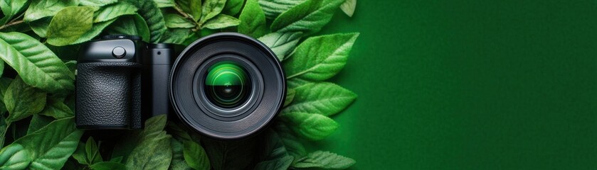 Photography equipment surrounded by vibrant green leaves.