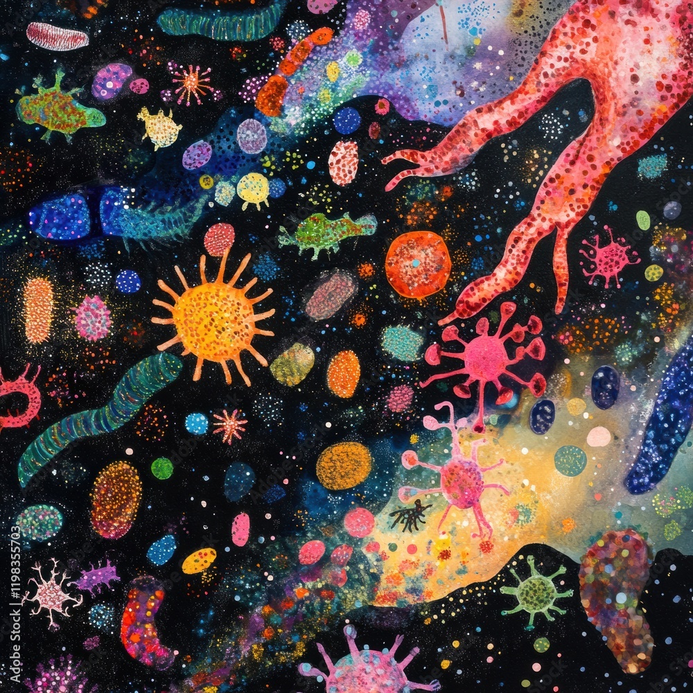 Poster Exploring the diverse array of bacteria and microbes in a vibrant cosmic environment of colors and shapes. Generative AI