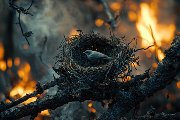 A charred bird nest on blackened branch symbolizes environmental loss and wildlife displacement due to wildfire