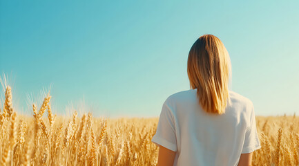 Obraz premium A person stands in a golden wheat field, gazing at the clear blue sky, embodying serenity and connection with nature.