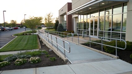 A sidewalk with a metal railing and a row of flowers