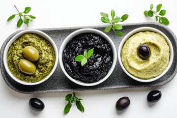 Tapenade olive paste Bowls of black and green olive spread on gray tray viewed from above
