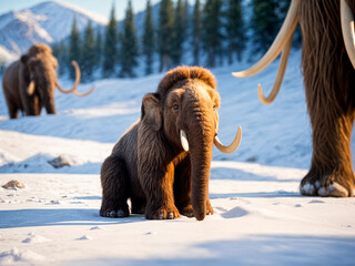 A photorealistic and highly detailed depiction of a baby woolly mammoth sitting on snow, with its fluffy fur highlighted in the soft sunlight. The baby mammoth has adorable - generated by ai