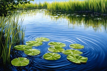 Serene Pond: Rippling Water, Lily Pads, and Reeds at Dawn