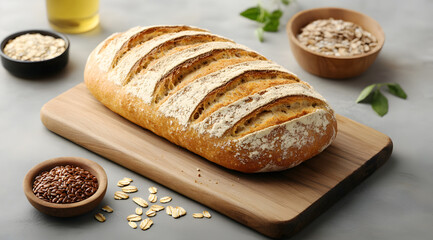 Naklejka premium Freshly baked artisan bread on a wooden board, surrounded by seeds and oats, showcasing a deliciously crusty exterior and soft interior.