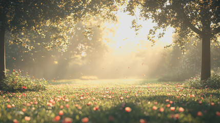 Obraz premium Vibrant field of flowers with sunlight filtering through lush green trees in a picturesque landscape showcasing natures beauty and serenity in a colorful environment 180 chars exactly