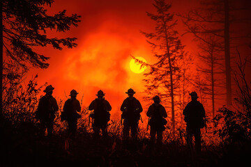 Fototapeta premium A group of firefighters silhouetted against fiery backdrop, coordinating efforts as wildfire spreads