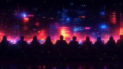 Silhouetted figures working on glowing screens.