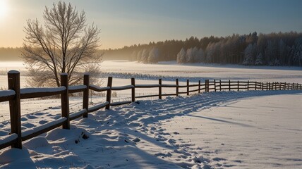 Fototapeta premium rural scene winter,Snow-Dusted Fence Lines Across a Peaceful Countryside