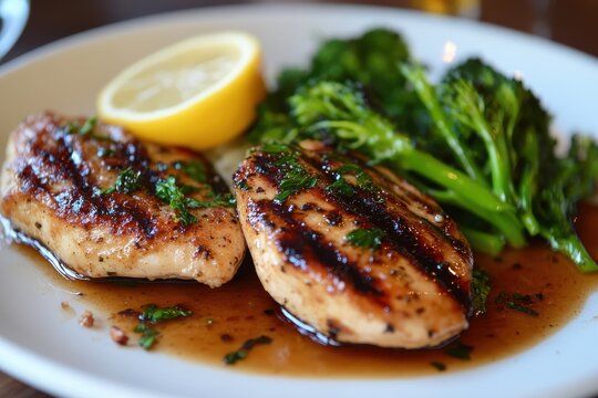 Tasty chicken cutlets served with broccoli rabe and a lemon wedge