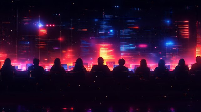 Silhouetted figures working on glowing screens. - Powered by Adobe