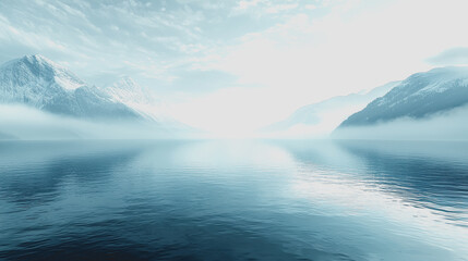 Fototapeta premium Large body of water surrounded by lush green landscape with clear blue sky and gentle waves in a serene environment perfect for relaxation and outdoor activities 180 characters