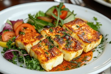 Tasty fried halloumi with mixed vegetable salad and lemon Classic Turkish dish