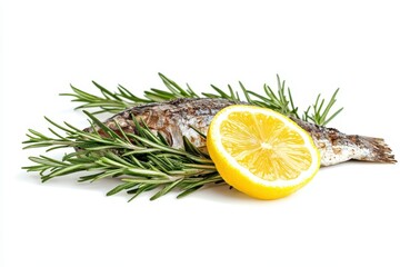 Tasty grilled mackerel with rosemary and lemon on a white background