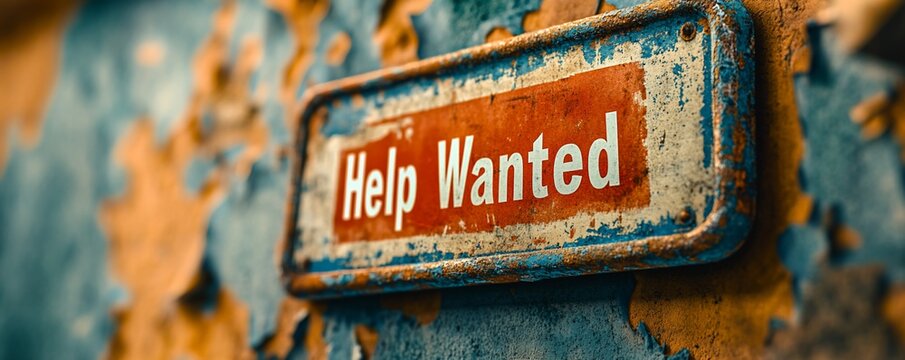 Rusty Help Wanted sign on weathered wall, job search