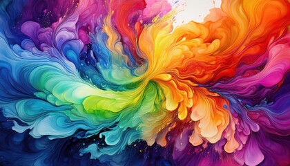 Vivid Rainbow Ink Explosions A Vibrant Display of Colorful Abstract Art Swirls, Capturing a...