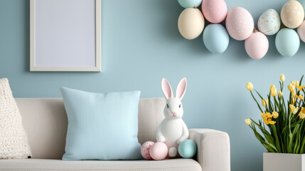 A cozy pastel-themed living space featuring a plush sofa, a decorative bunny, colorful eggs, and a vibrant flower arrangement.