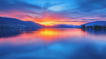 Obraz premium Stunning sunset over tranquil lake with majestic mountains in the background creating a serene nature landscape perfect for relaxation and inspired photography enthusiasts