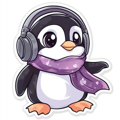 Obraz premium Animated penguin wears headphones and a scarf. For children's media or educational materials
