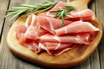 Thin cuts of serrano or Parma ham on a wooden board with rosemary Overhead shot