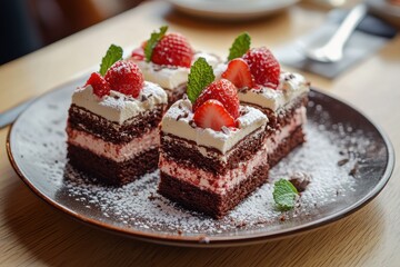 Three chocolate cakes adorned with strawberries and mint Toned with selective focus