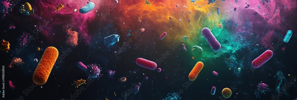 Leinwandbilder Colorful array of bacteria and microbes suspended in a cosmic background showcasing microbial diversity and beauty. Generative AI